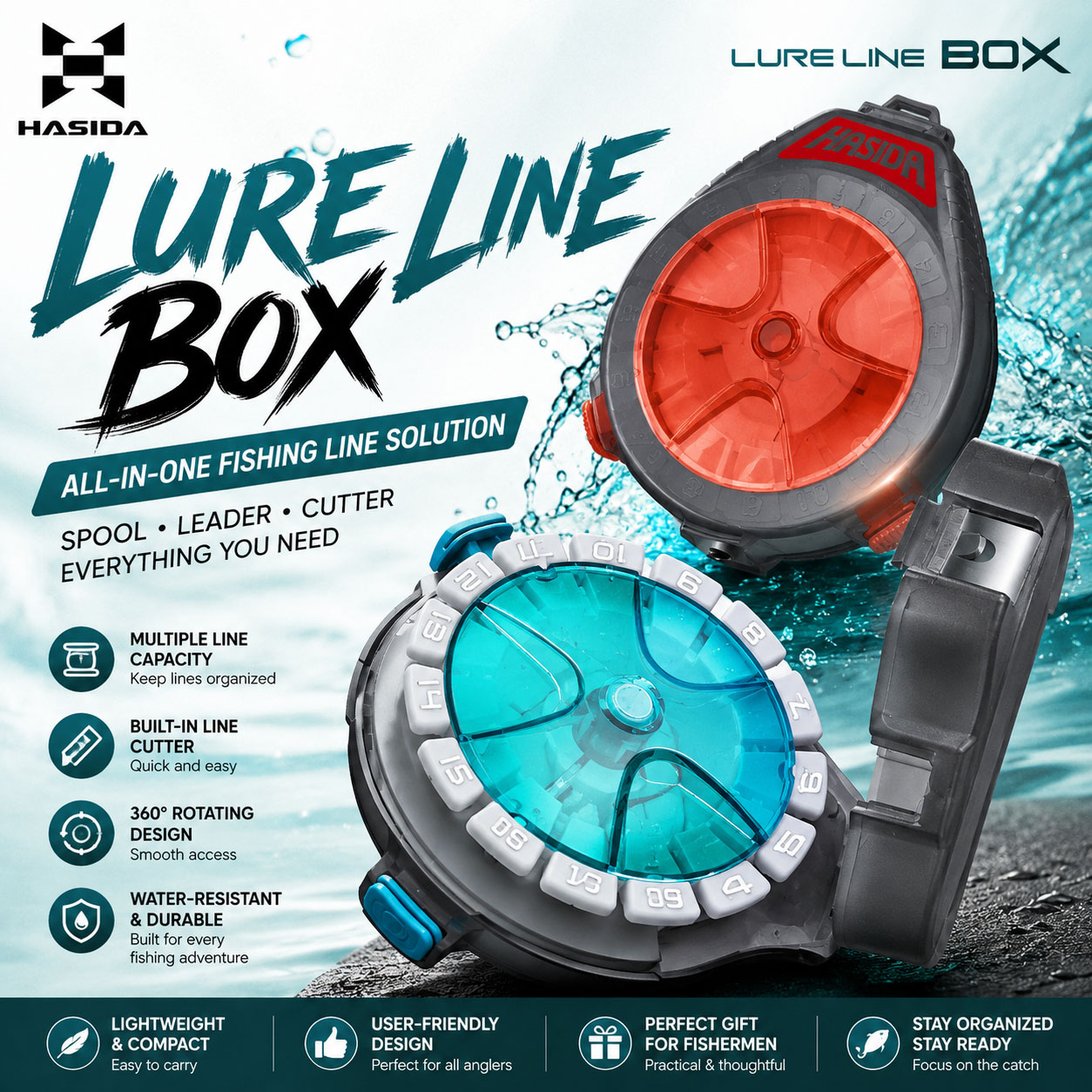 Leader Line - ハシダ製 釣り糸収納ボックス（カッター付き）、携帯用リーダーラインホルダー、小型釣り道具収納ボックス、吊り下げ用バックル付き。